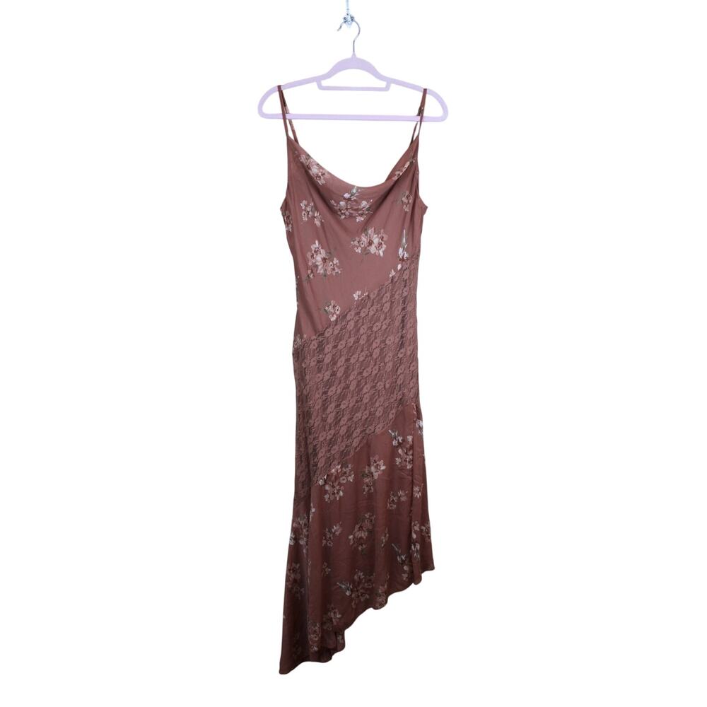Sincerely Jules Brown w/ Florals & Lace Asymmetrical Mermaid Maxi Dress Size XL